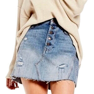 We The Free Denim Y2K Mini Skirt 28 Button up Distress Denim Raw Hem Boho Grunge